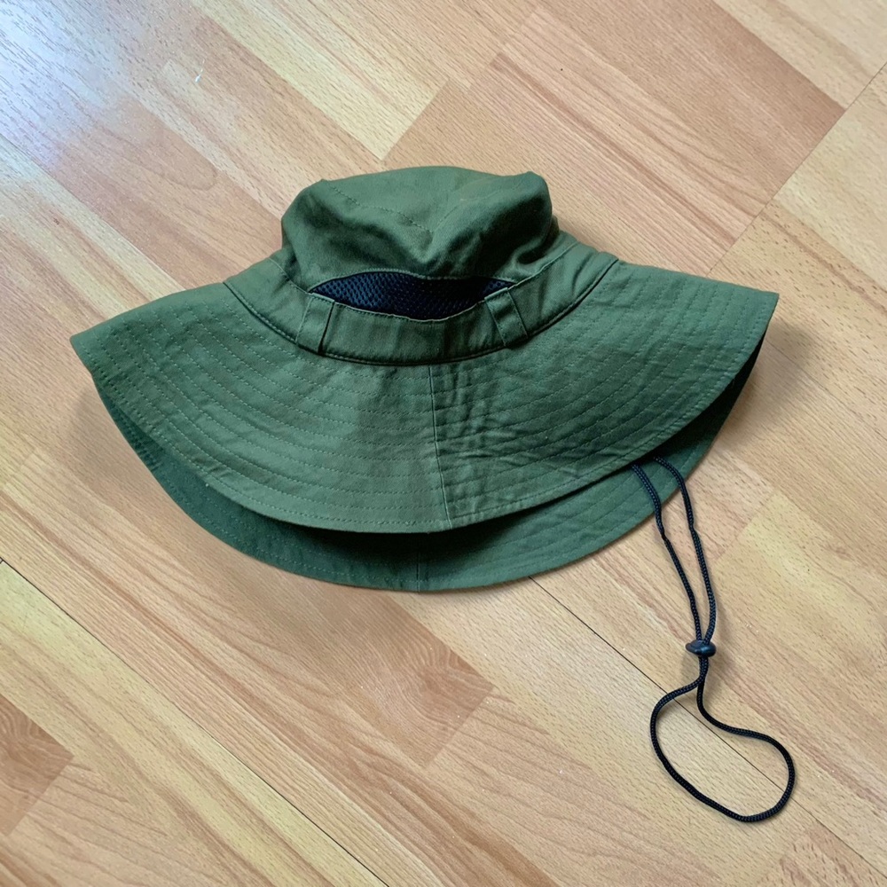 Deep Olive Green Wide Brim Sun Hat with vents and strap with toggle
